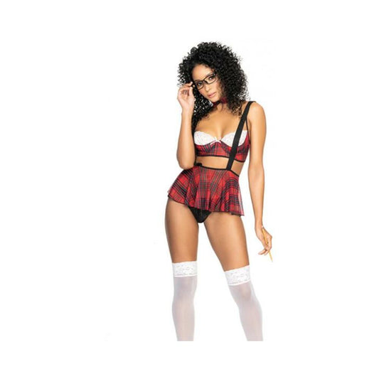 4 Pc School Girl Underwire Top, Peek A Boo Thong, Bow Tie & Suspender Skirt Red S/m