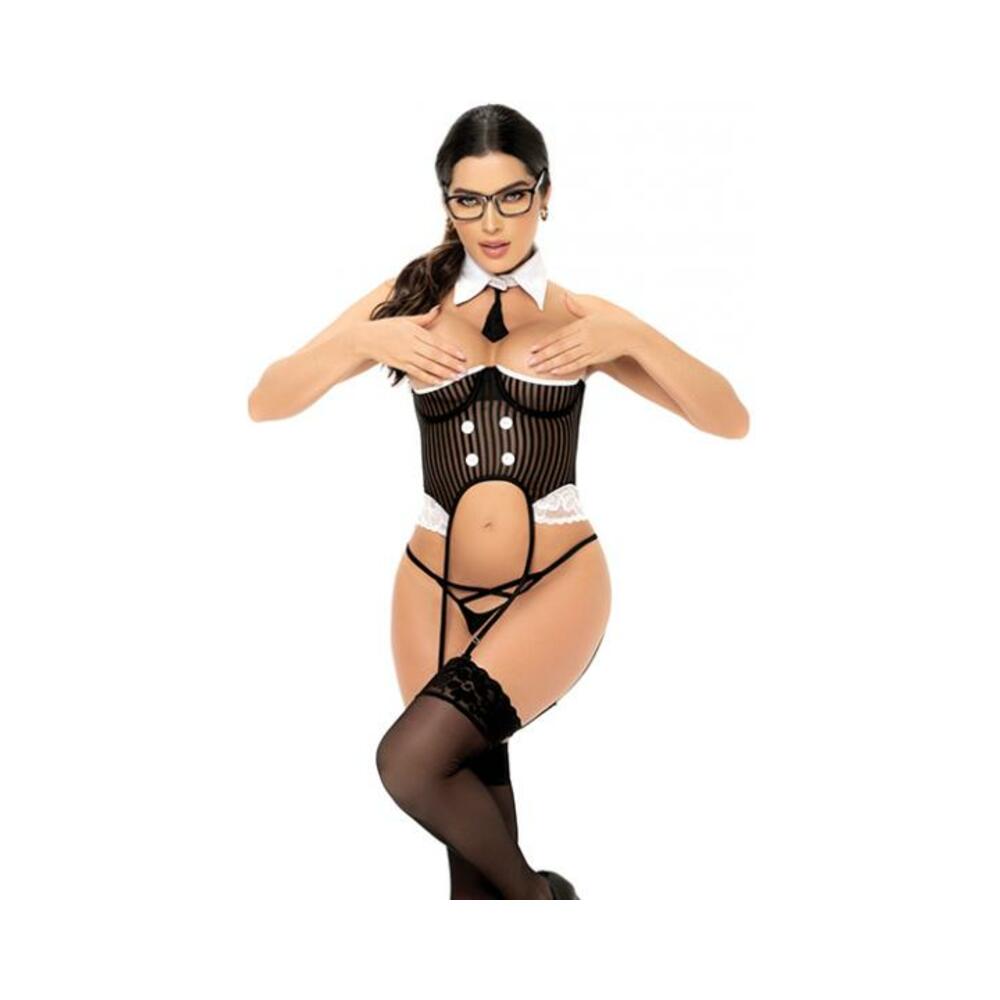 3 Pc Ceo Open Cup Bodysuit W/attached Garterstraps, Bottom & Collar W/tie Blk/wht Sm