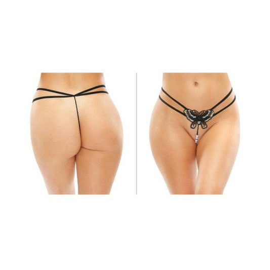 Zinnia Sequin Butterfly Strappy Pearl G-string Black S/m