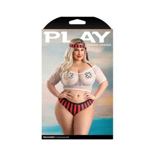 Fantasy Lingerie Play Treasured Open Cup Bra, Fishnet Top, Panty, Head Scarf & 1 Pair Of Pasties Cos