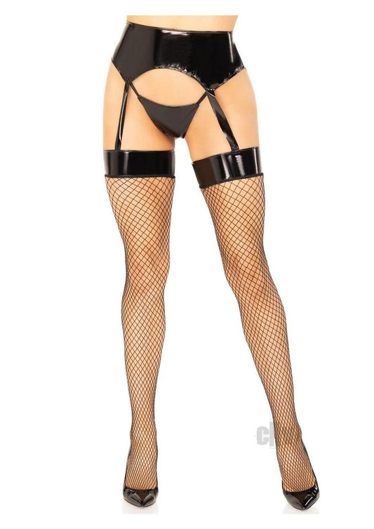 2 Pc. Vinyl Garter Belt Fishnet Stockings and  G-String - Black - Small/ Medium