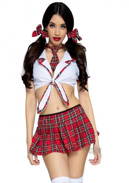 4-piece Miss Prep School Cropped Tie Top, Skirt, Tie, And Hair Bows S/m Red/white