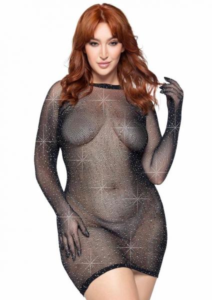 Rhinestone Fishnet Mini Dress 1x/2x Blk