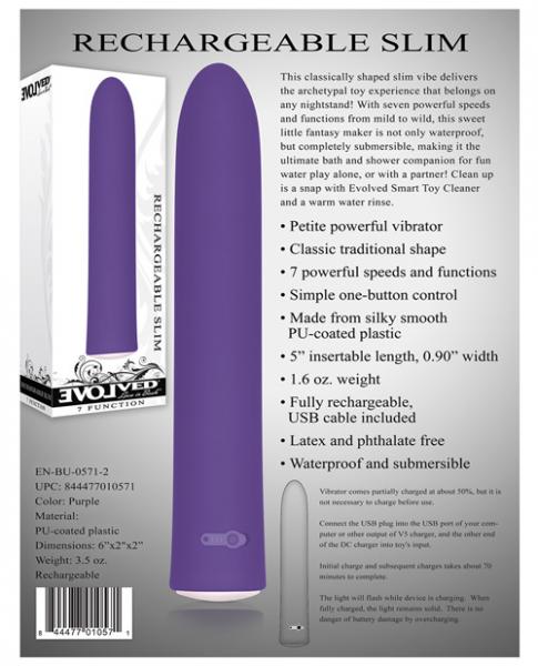 Evolved Rechargeable Slim Vibe 7 Function Waterproof Purple