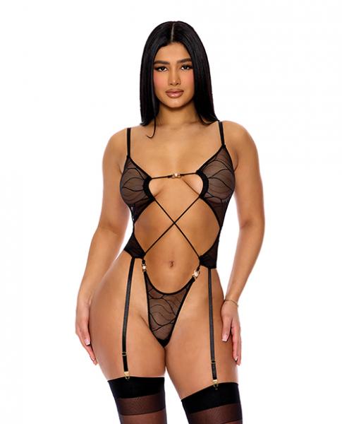 Pull My Strings Sheer Mesh Teddy W/garters & Faux Pearl Details - Black Lg