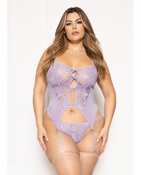 Floral Lace And Mesh Cami W/attached Garters & Thong - Lavender Qn