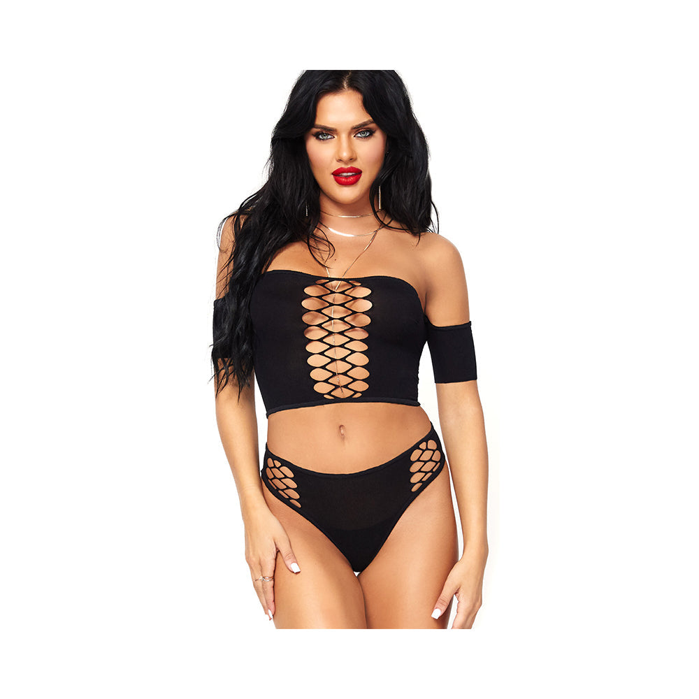 2 Piece Crop Top Net Detail and Thong Back Bottoms Black O/S