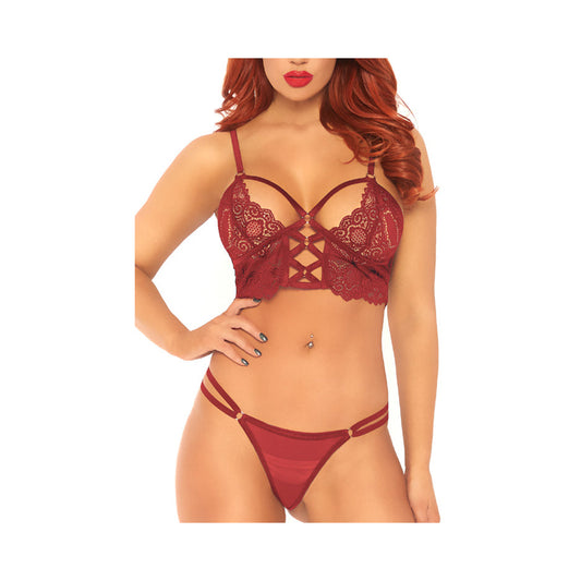 2pc Lace Bralette With Cage Strap O-ring Bodice Detail And Matching Duel Strap Sheer G-string.