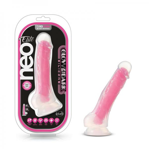 Neo Elite Glow In The Dark Paradise 7.5 In Silicone Cock W/ Balls Neon Pink