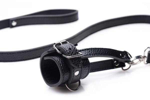 Ball Stretcher With Leash Black Leather