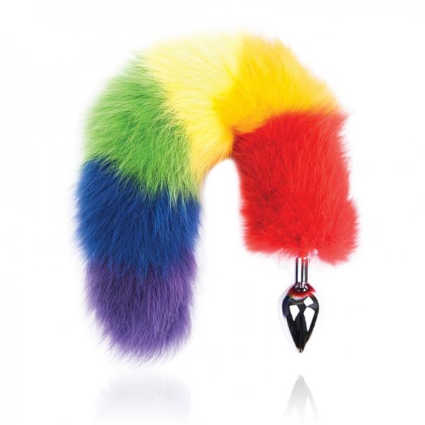 Rainbow Foxy Tail  Fur Tail With Stainless Steel Butt Plug